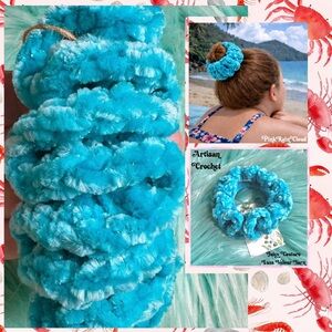 Handmade Crochet VELVET Ice Blue Sparkle Large Hair Scrunchie PinkRainCloud